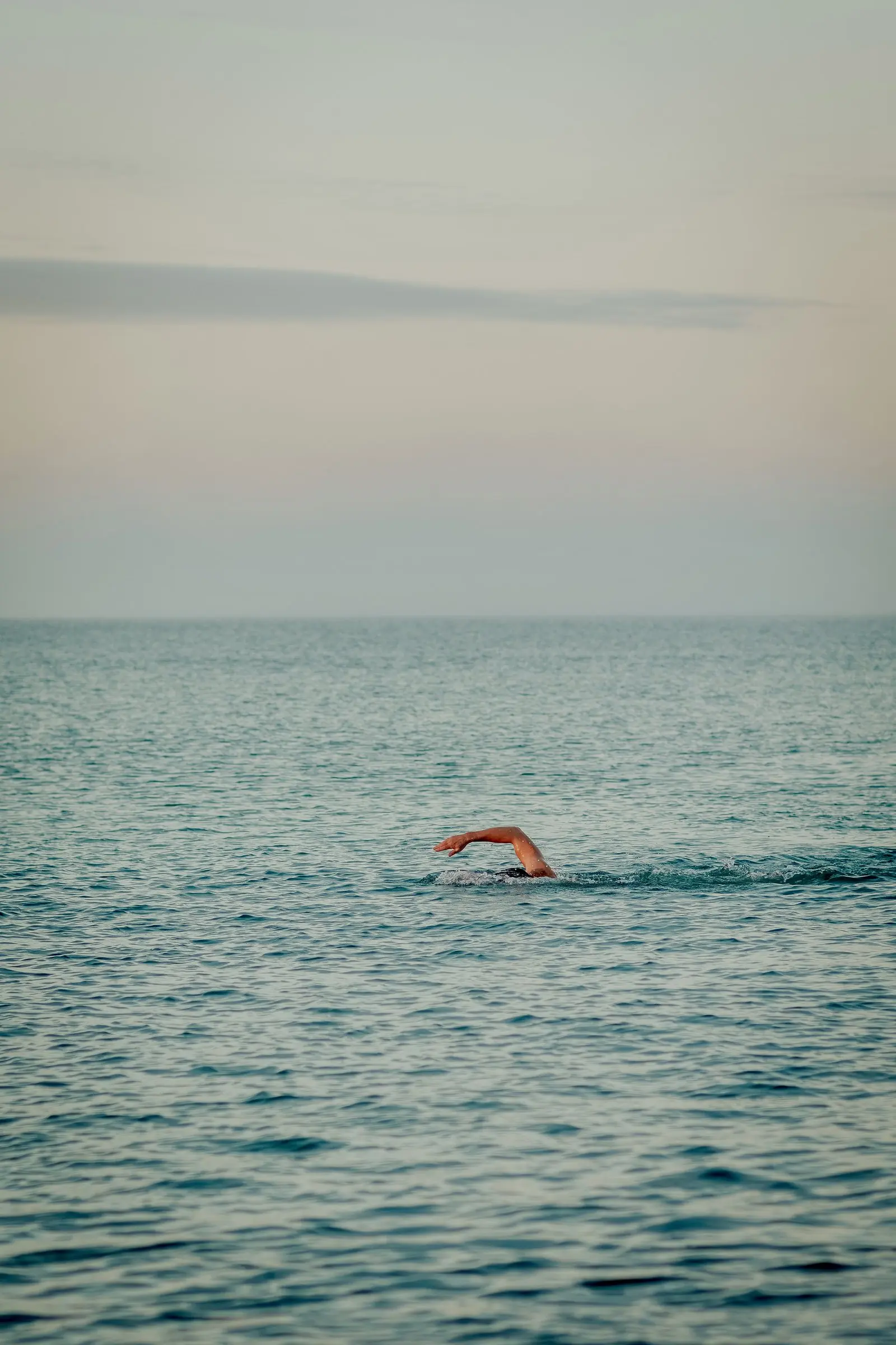 Mark swimming front crawl in a calm sea in the early morning